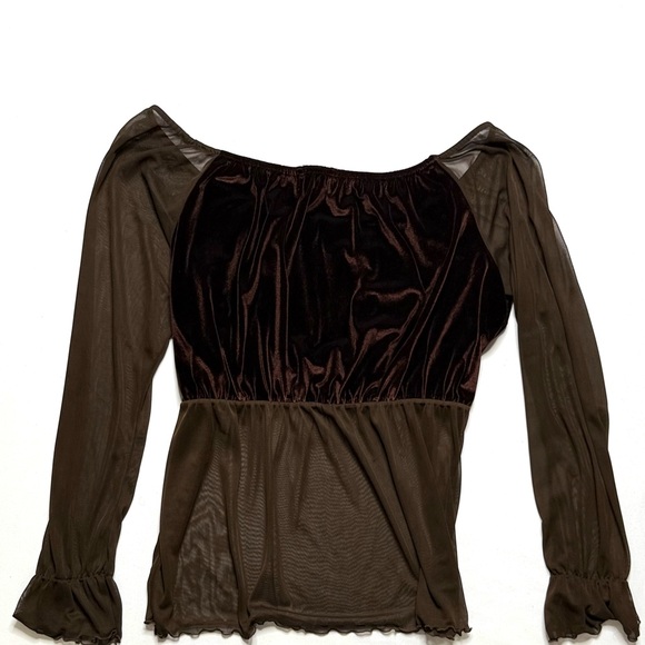 Vintage Brown Sheer Velvet Long Sleeve Top Size 2XL Whimsy Goth Y2K - Picture 2 of 5